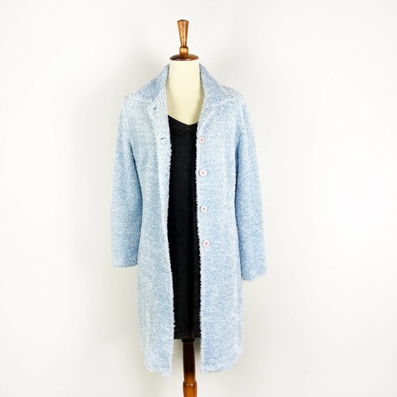 WaWa fuzzy blue knit full length cardigan size Medium - Picture 1 of 6